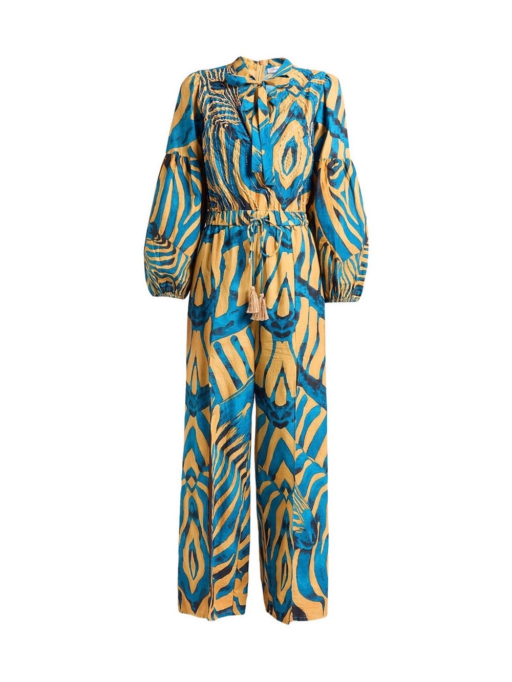 Teal & Mustard Printed Tie-Waist Jumpsuit